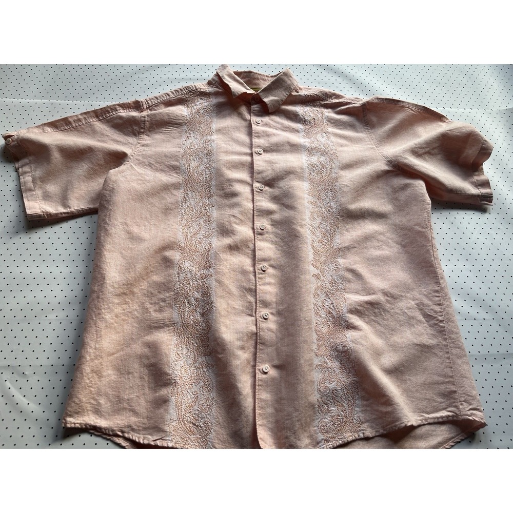 Cubavera Linen Cotton Camp Shirt Pink/Orange Embroidered Resort XLT